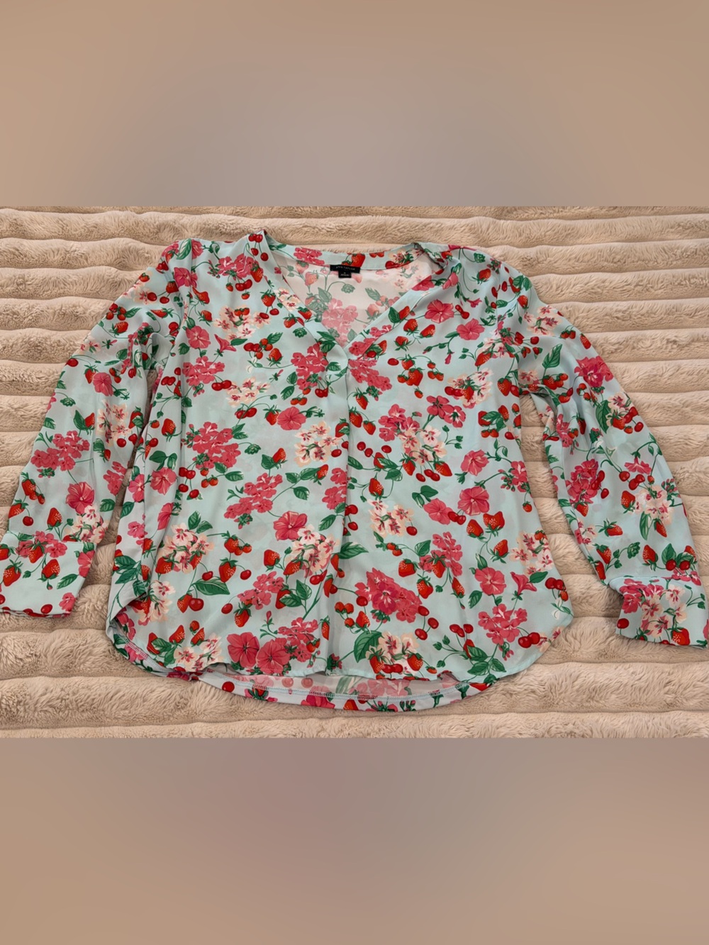 Ann Taylor Mint Floral V-Neck Blouse with Pink Flowers and Green Leaves